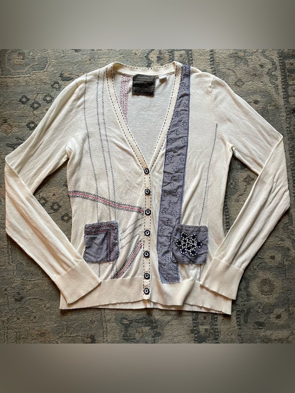 Anthropologie Guinevere Cream Boho Patchwork Cardigan Size Medium Buttons